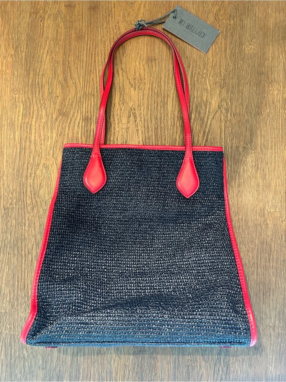 MZ Wallace Navy Woven Tote with Red Leather Trim and Handles